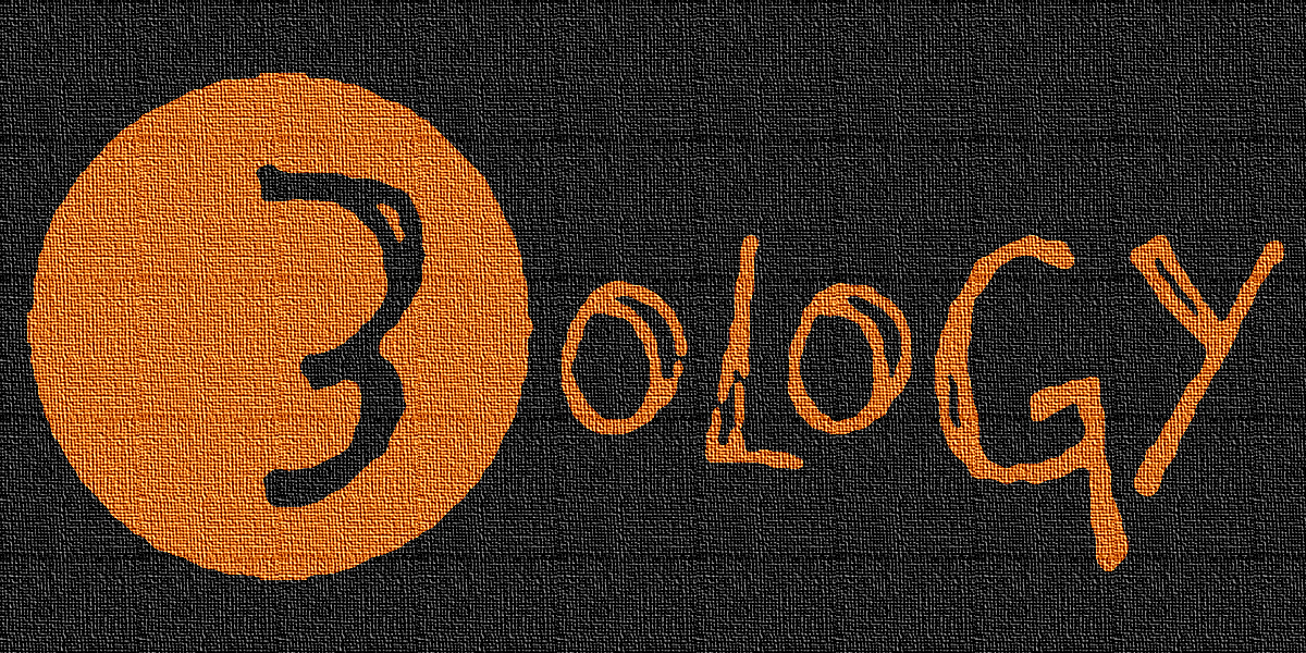 The 3ology logo. The word 3ology, written in sloppy capital letters with the 3 seeming to the missing part of an orange circle.