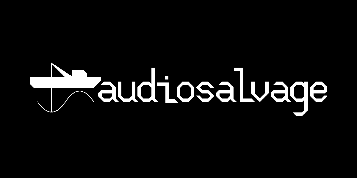 A simple white on black outline of a trawler dredging up a sine wave. The word audiosalvage is written beside in an angular all lower-case font.