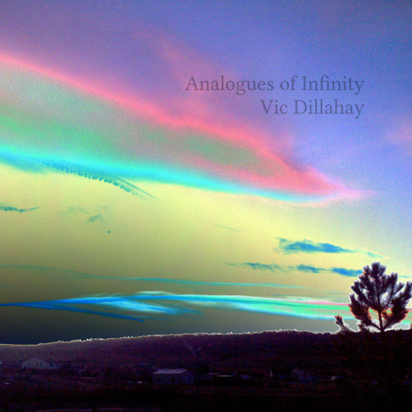 Analogues of Infinity album cover. A low resolution photo of a sunrise over the mountains outside Berthoud, Colorado. The colors are almost surreal.