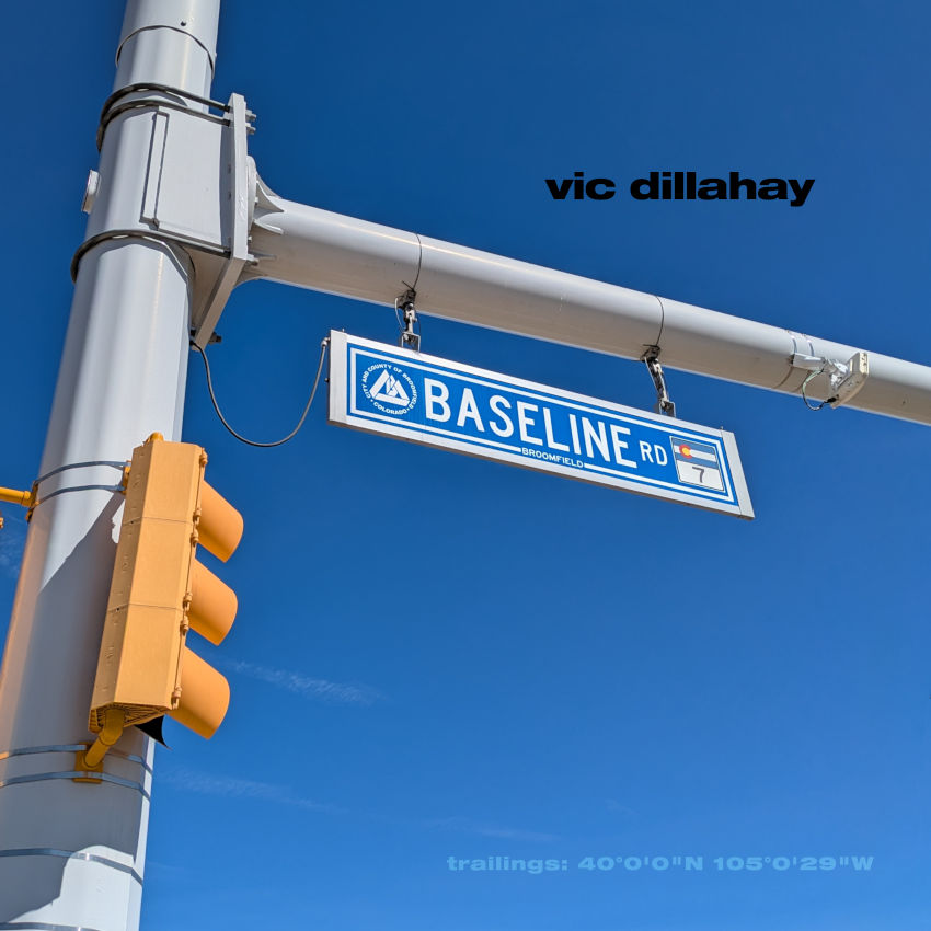 Baseline Road album cover. A stoplight and with sign for Baseline Road agaist a blue sky.