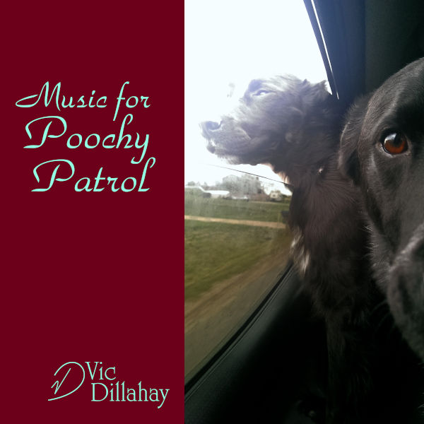Music for Poochy Patrol album cover. Two adorable furry black dogs are riding by the window in a car. One is sniffing at the window, the other is staring into the camera.