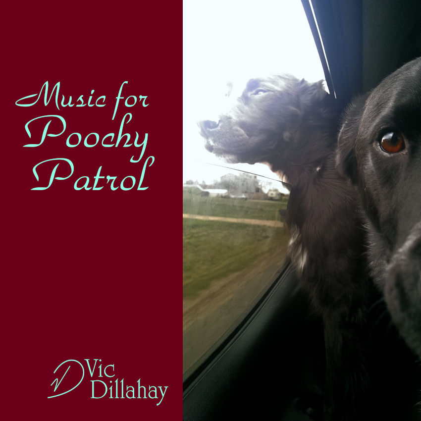 Music for Poochy Patrol album cover, two adorable fluffy black dogs in the back seat of a car with the windows rolled down