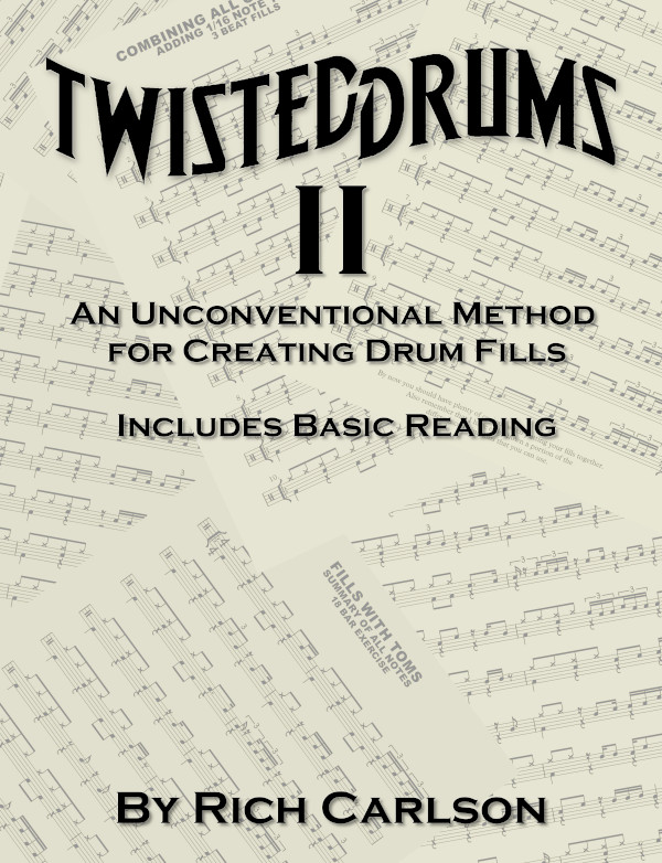 TwistedDrums II book cover. The title, subtitle, and author over a background of pages from the book.